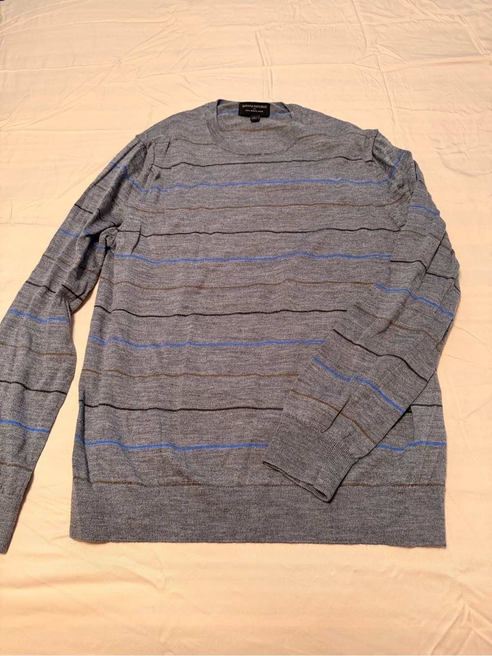 Banana Republic 100% Merino Gray Crewneck Sweater with Stripes